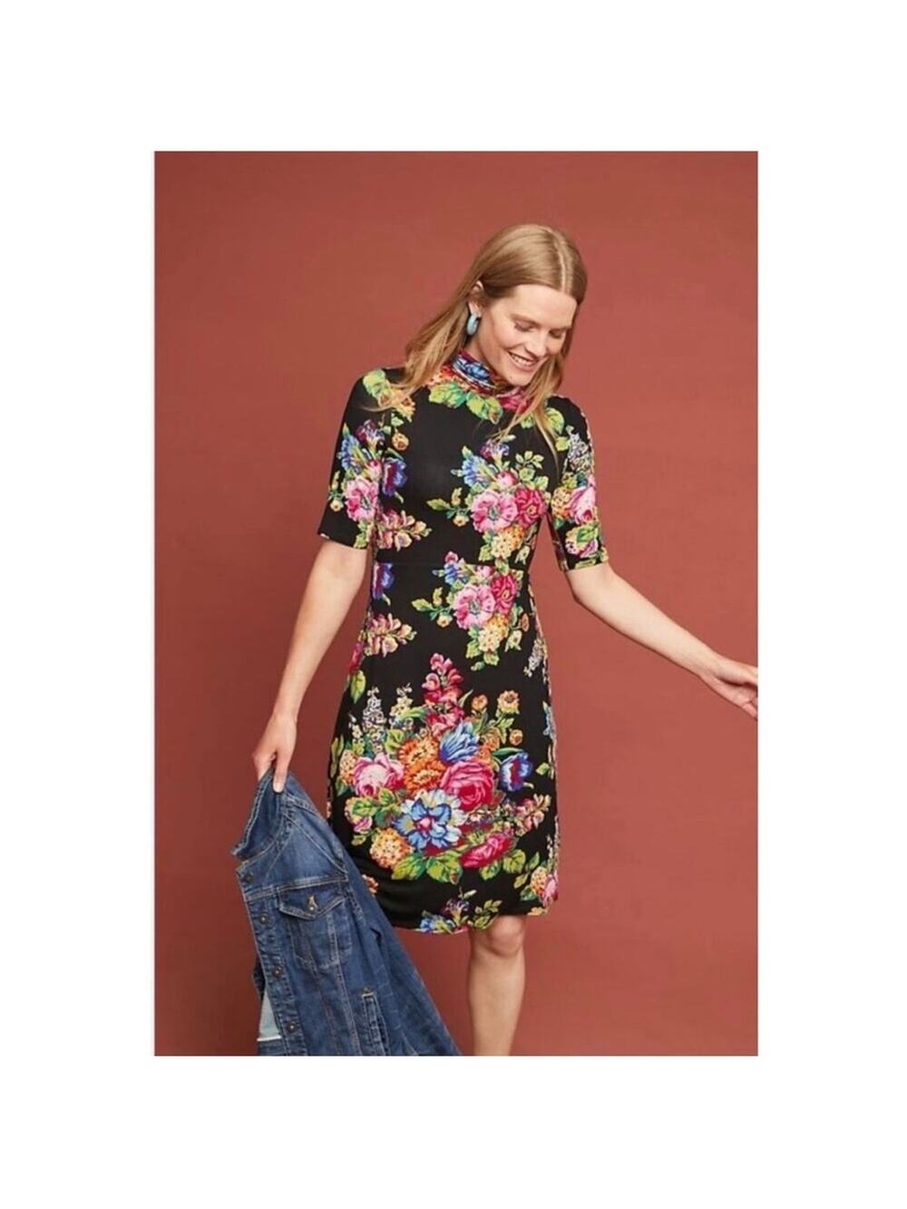 Anthropologie Ett:Twa Coreyell Black Floral Turtleneck Dress Cottagecore Size XS
